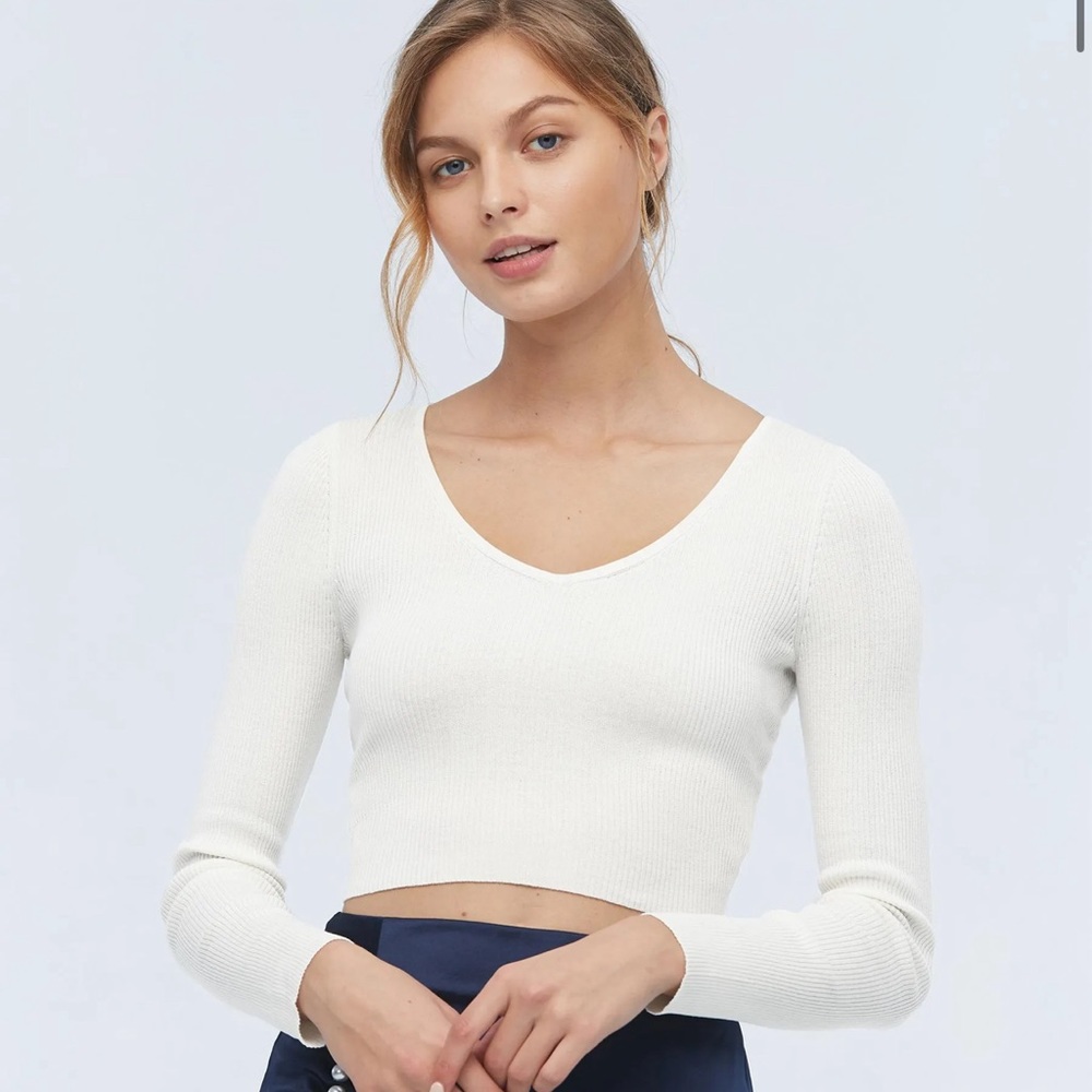 Lilysilk Cropped Rib Vneck Top, White
